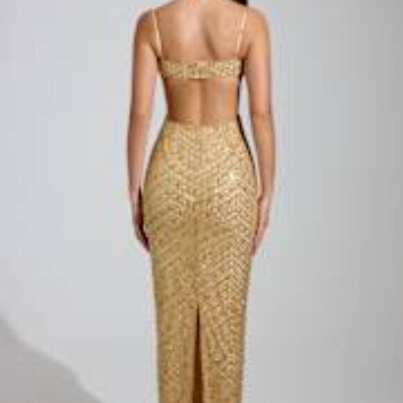 OhPolly Constance Embellished Cowl-Neck Maxi Dress in Gold, 6 - Picture 2 of 5
